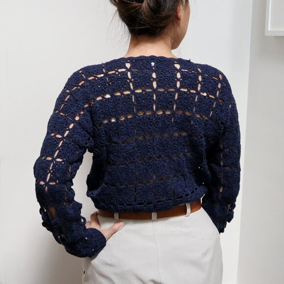 Vintage Navy Blue Open Knit Sweater Tunic w/ Pearl Embellishments Women's Small - Picture 4 of 7